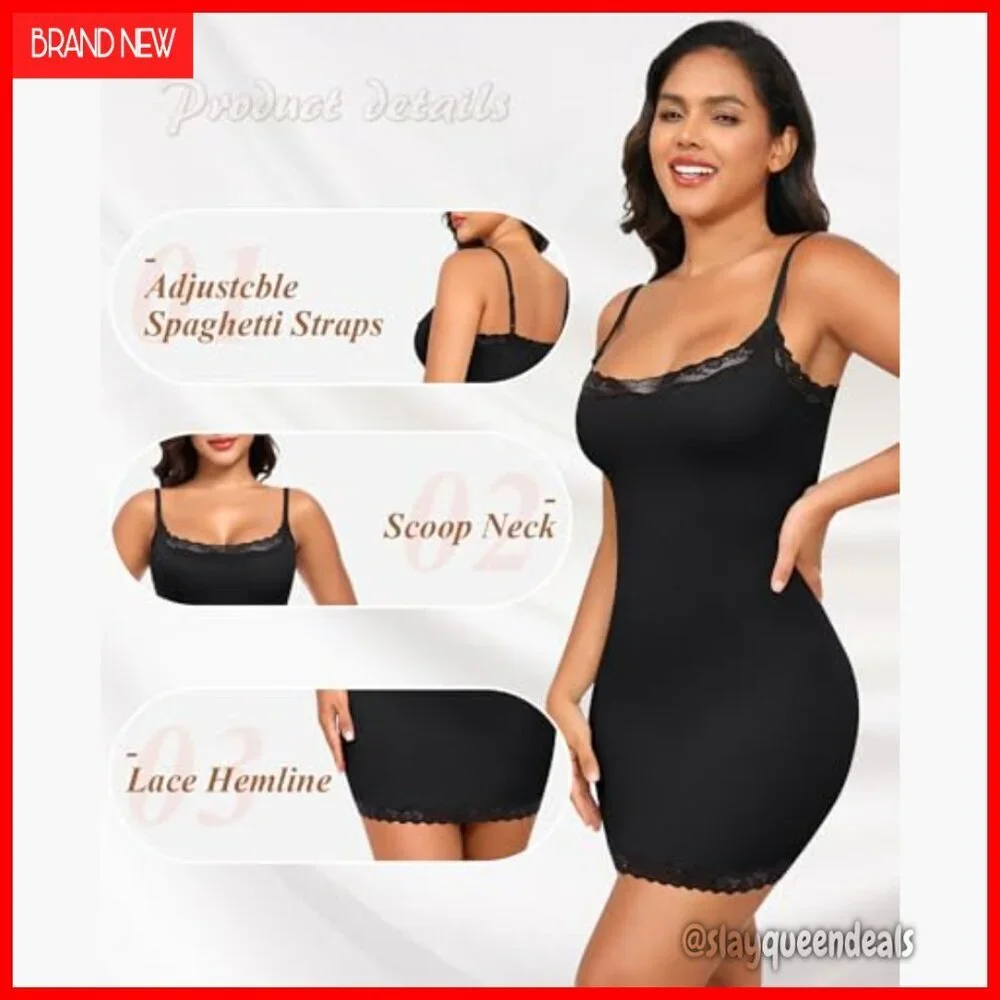 Adjustable Spaghetti Strap Full Slip Dress, Lace Trim, Nylon Spandex Blend